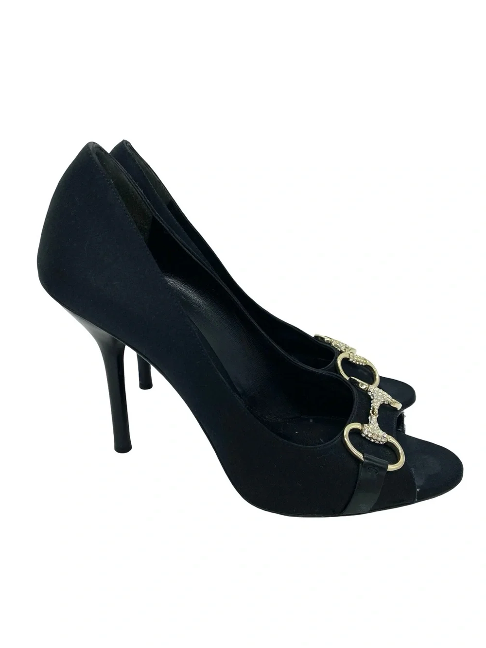 Gucci Black Satin Horsebit Peep Toe Pumps Size 8.5
